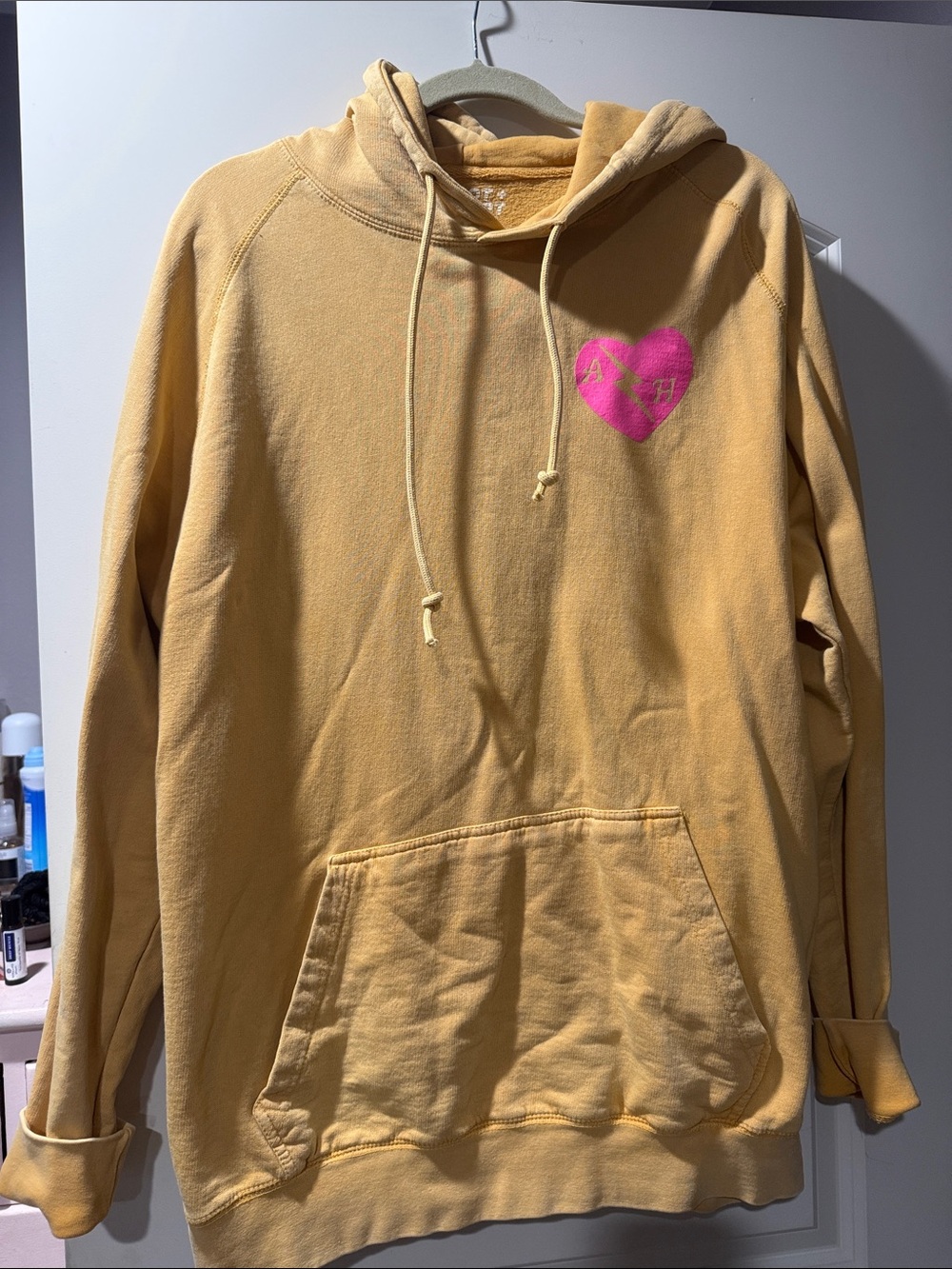 Ascot + Hart Yellow Hooded Pullover Sweater with Pink Heart Accent